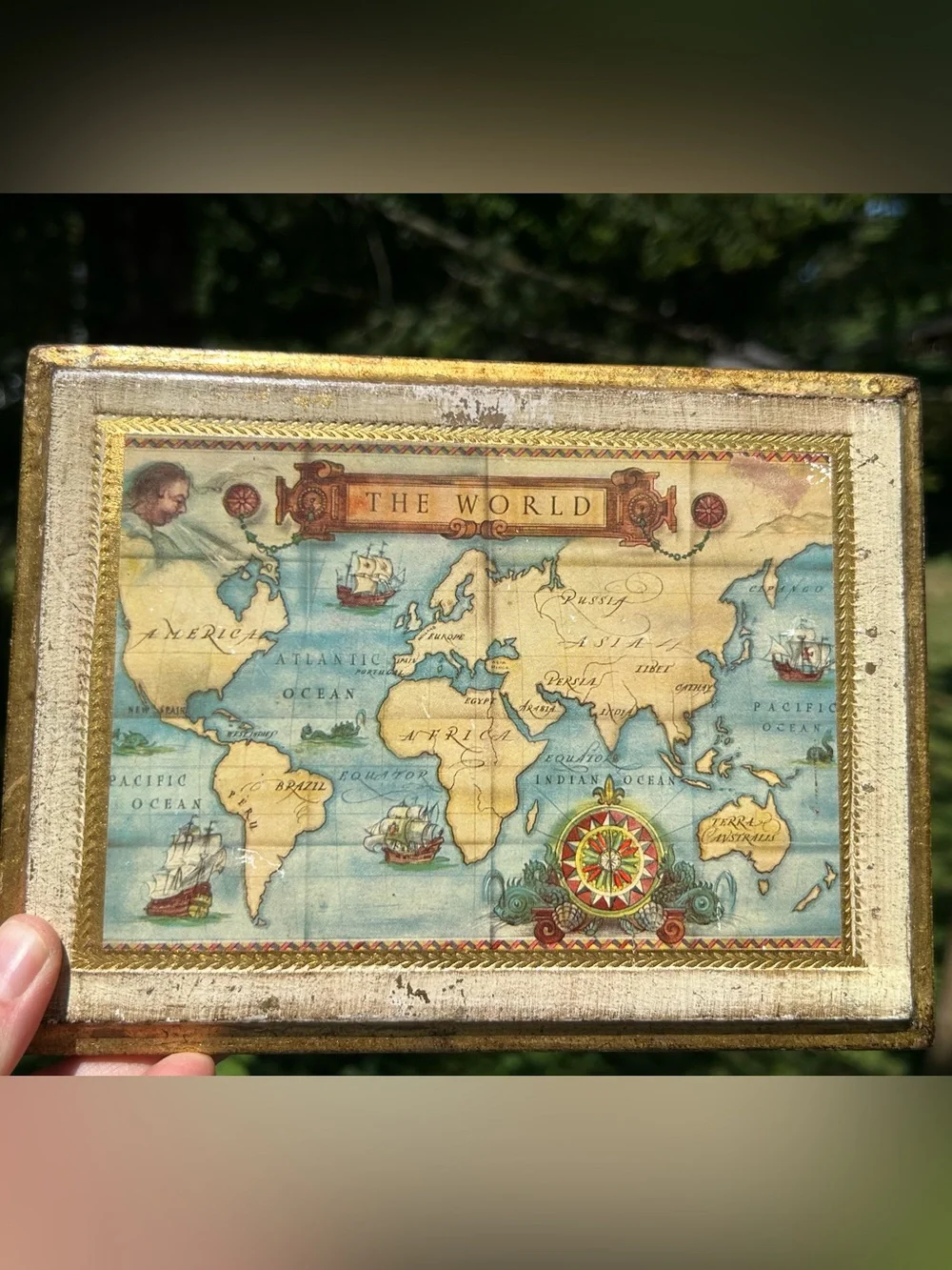 Vintage Map Sears World Accent Plaque Blue Cream Gold Gallery Wall 6x8